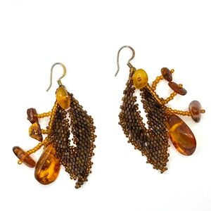 Unique Handmade Amber and Seed Bead Drop Earrings